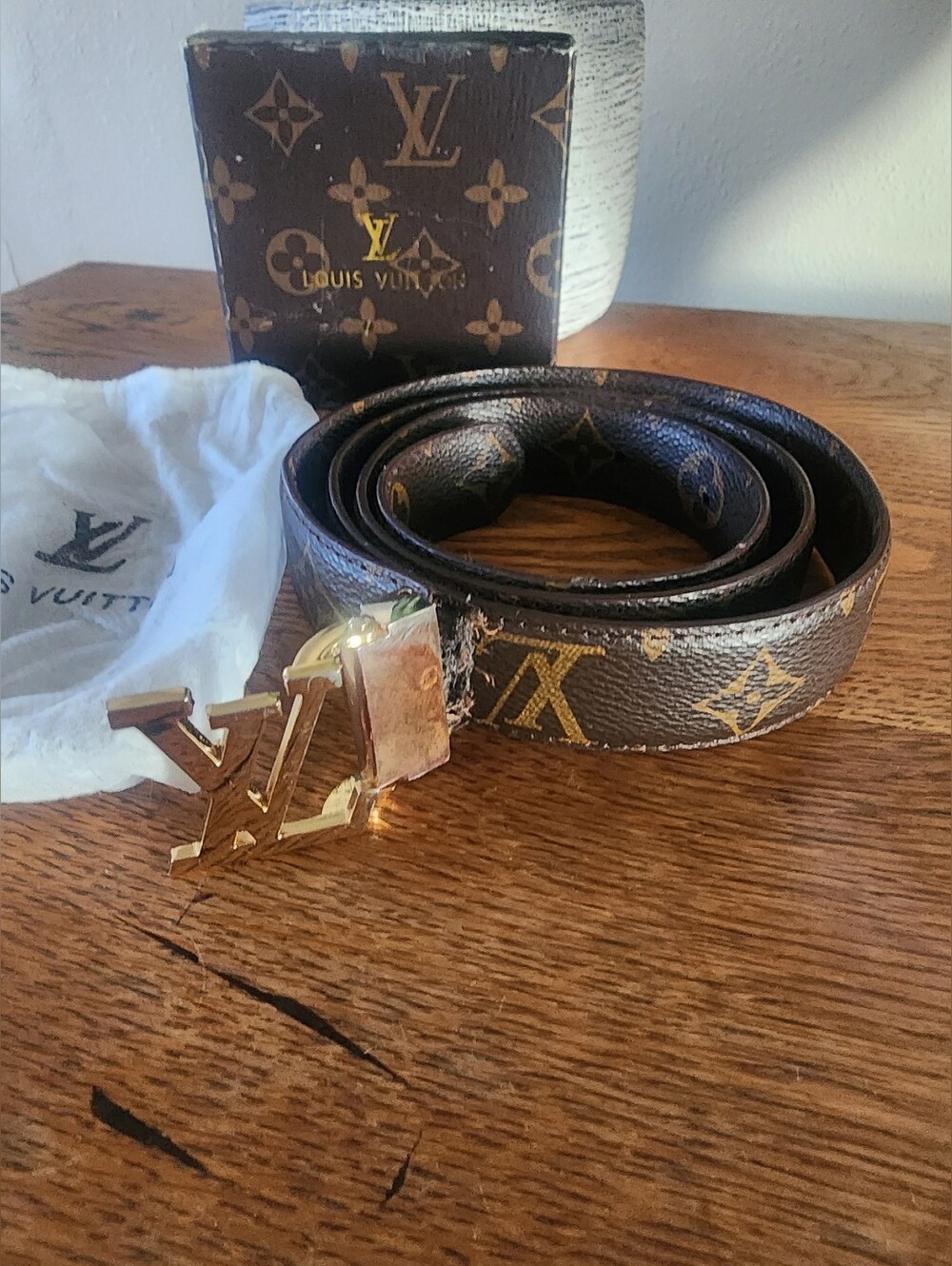 Louis Vuitton Brown Monogram Leather Belt with Gold LV Buckle